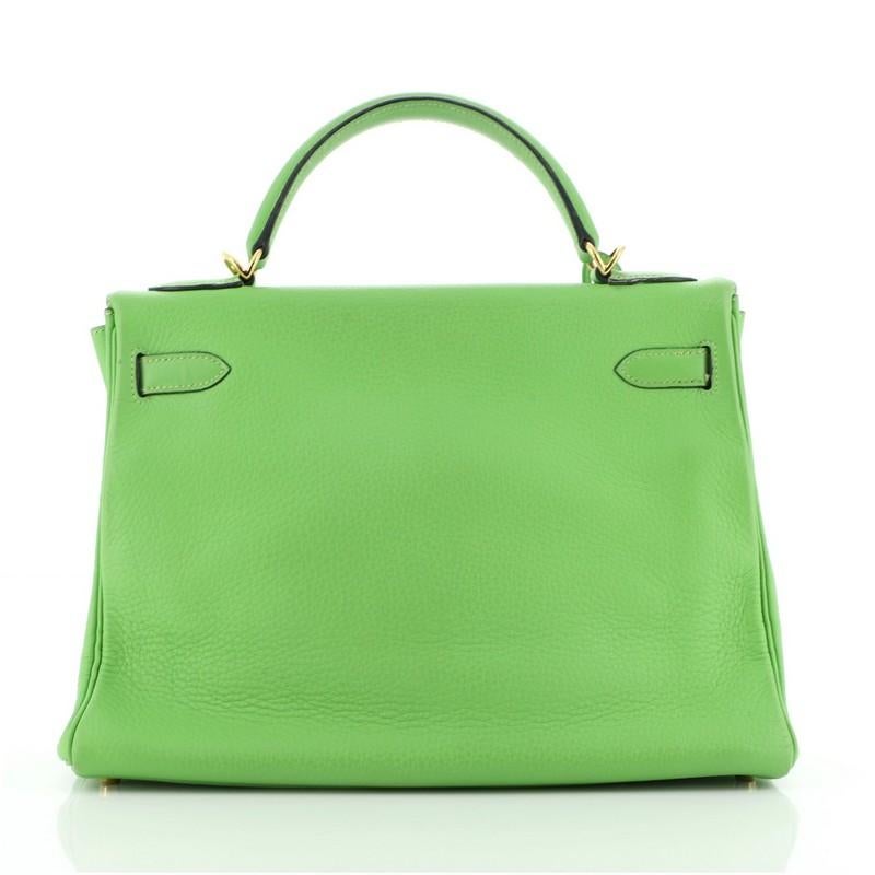 Green Hermes Kelly Handbag Vert Cru Clemence with Gold Hardware 32