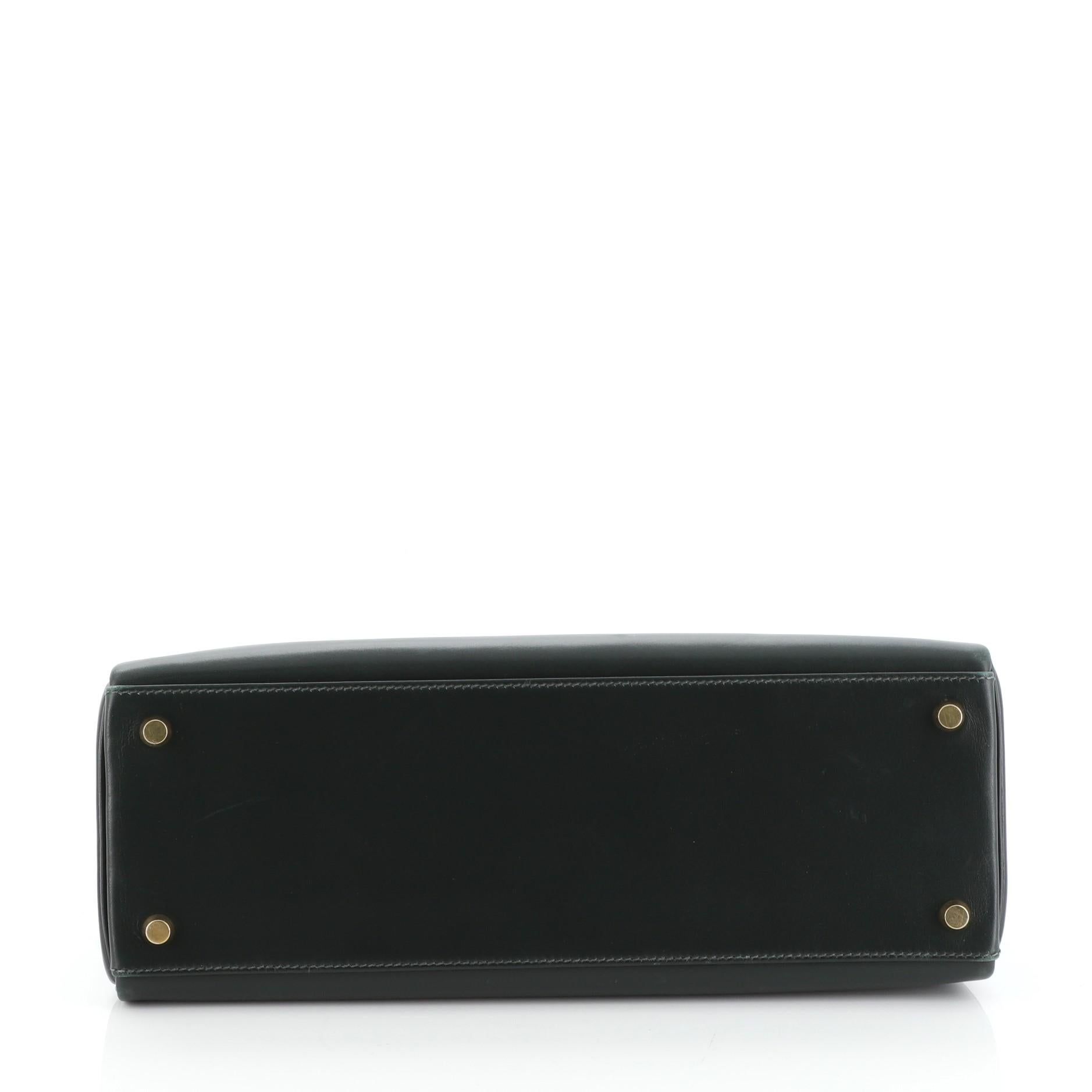 Black Hermes Kelly Handbag Vert Fonce Box Calf with Gold Hardware 32