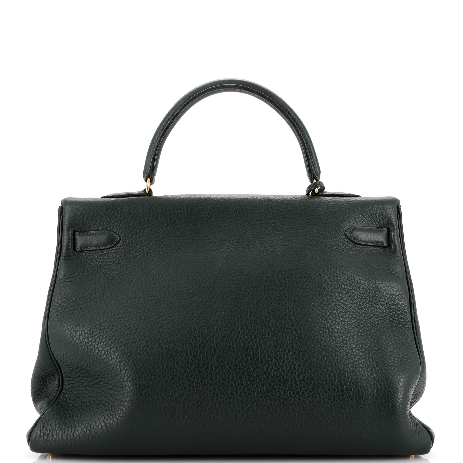 Women's Hermes Kelly Handbag Vert Foncé Clemence with Gold Hardware 35