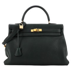 Hermes Kelly Handbag Vert Foncé Clemence with Gold Hardware 35