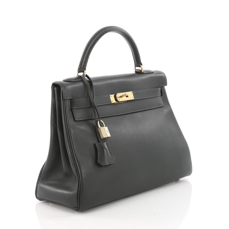 Black Hermes Kelly Handbag Vert Fonce Gulliver with Gold Hardware 32