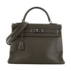 Hermes Kelly Handbag Vert Olive Clemence With Palladium Hardware 32