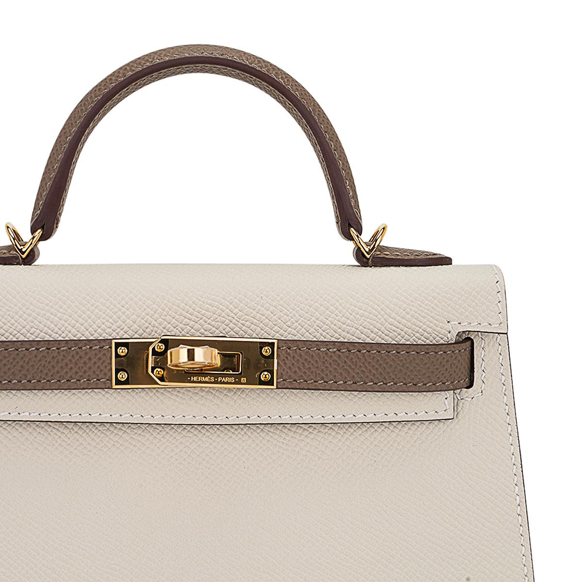 Sellier Craie / Etoupe Mini-Tasche von Hermès Kelly HSS 20  Gold Hardware Bittersalz Leder im Angebot 6