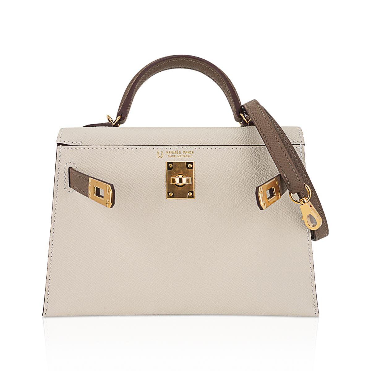 Hermes Kelly HSS 20 Sellier Craie / Etoupe Mini Bag  Gold Hardware Epsom Leather In New Condition For Sale In Miami, FL