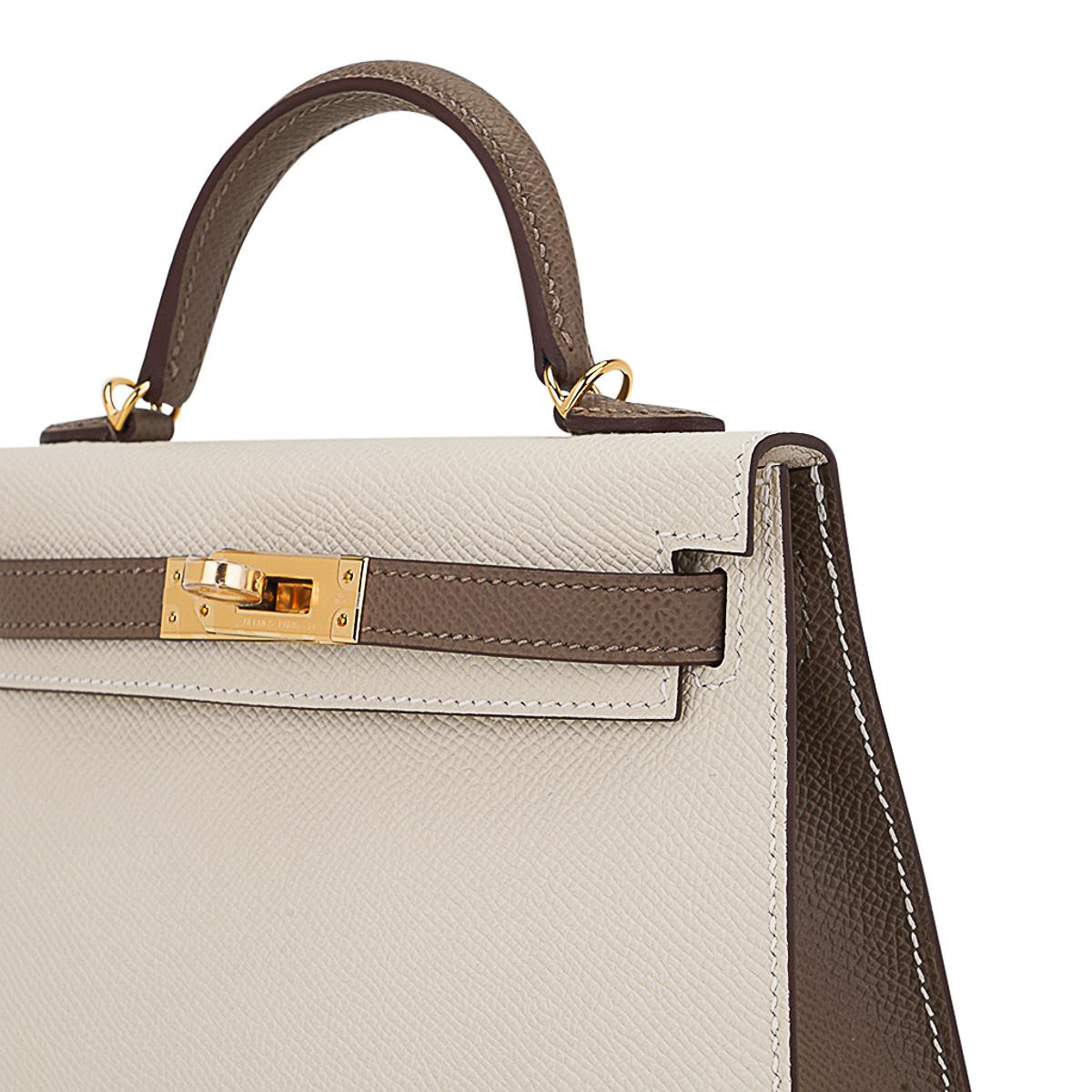 Sellier Craie / Etoupe Mini-Tasche von Hermès Kelly HSS 20  Gold Hardware Bittersalz Leder im Angebot 2