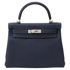 Hermès Kelly HSS 28 Bleu Nuit Togo Hardware Palladio spazzolato
