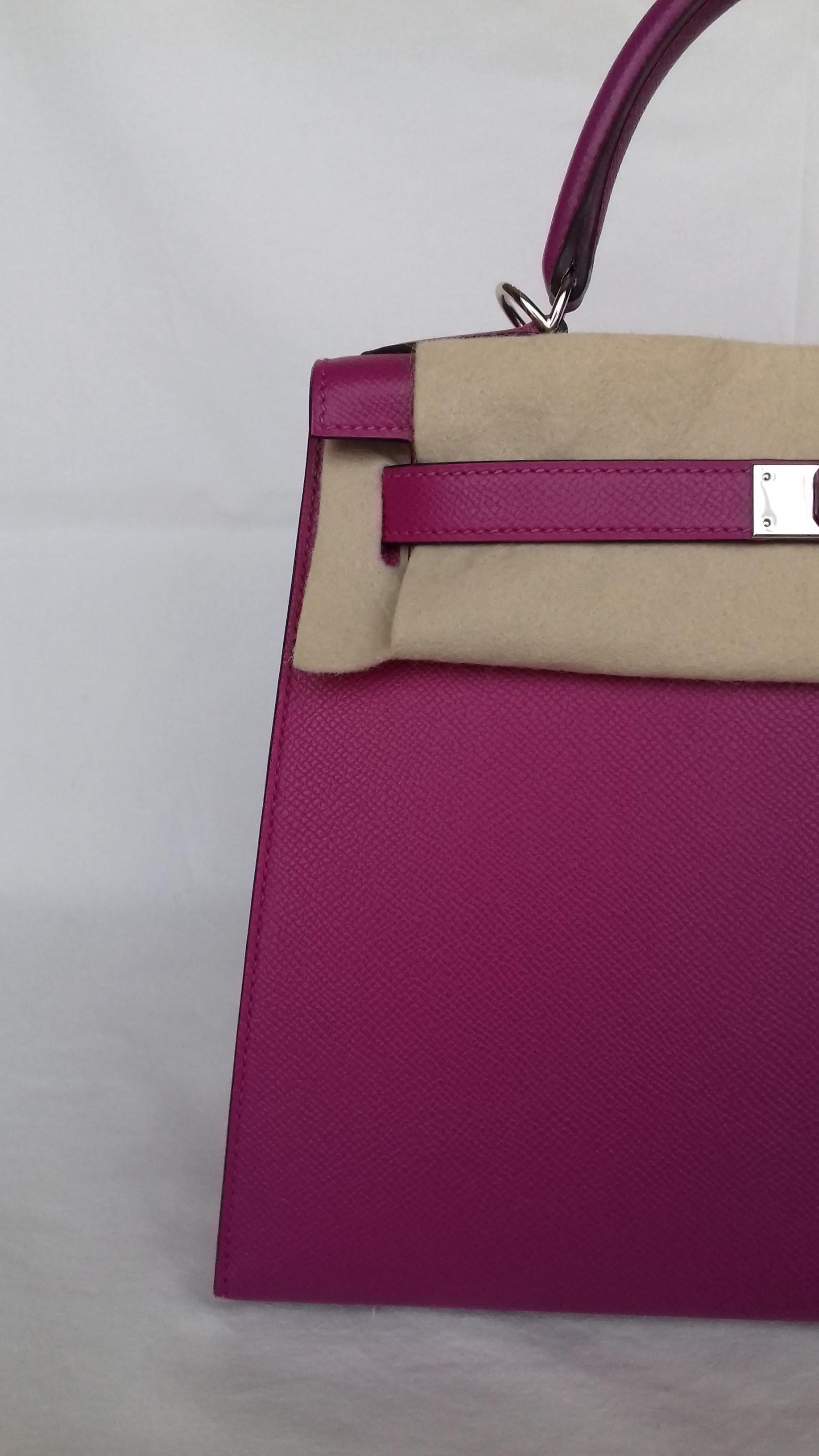 Gray Hermès Kelly II Bag Sellier Epsom Rose Pourpe Palladium Hdw 28 cm Full Set