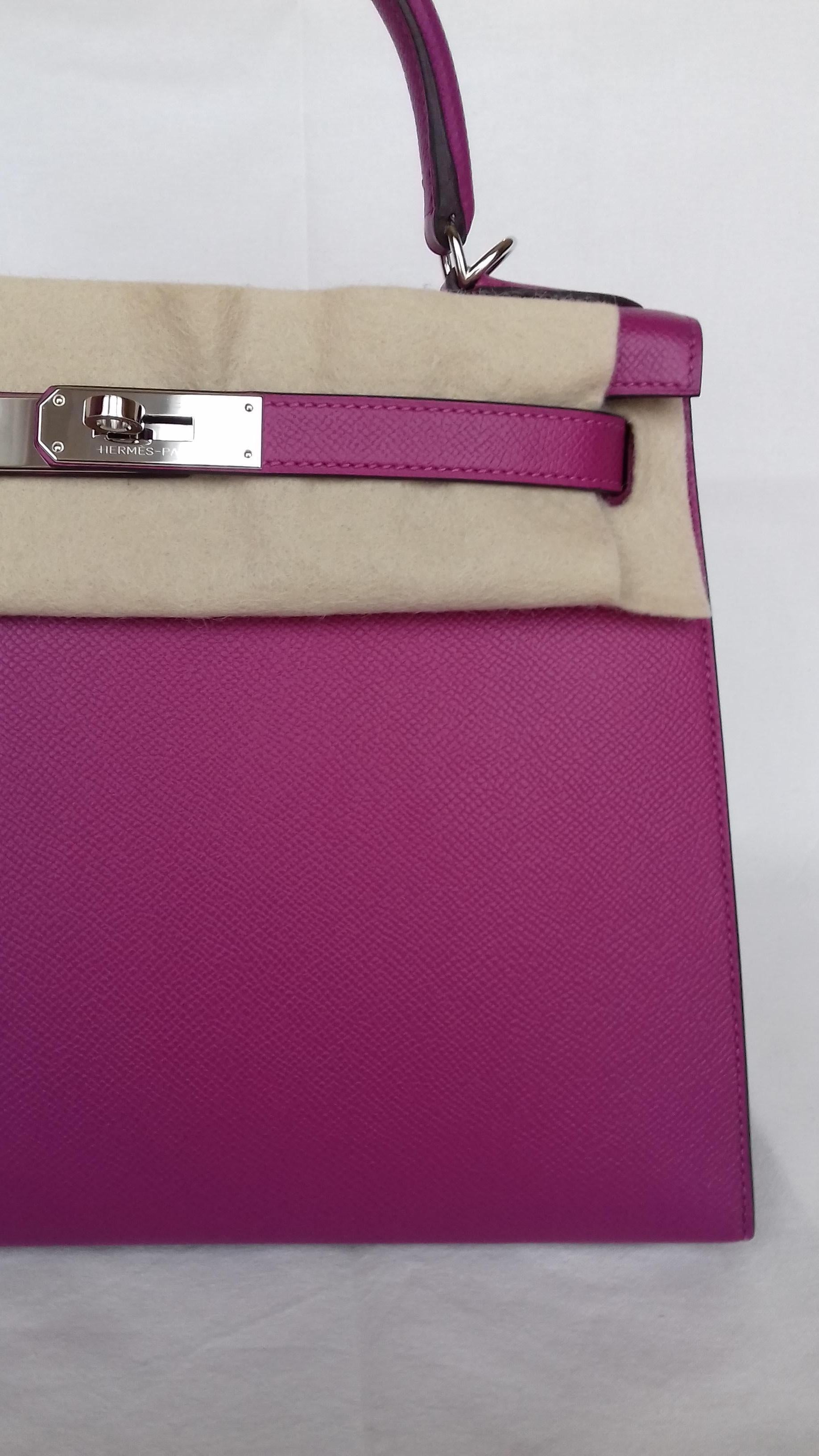 Women's Hermès Kelly II Bag Sellier Epsom Rose Pourpe Palladium Hdw 28 cm Full Set
