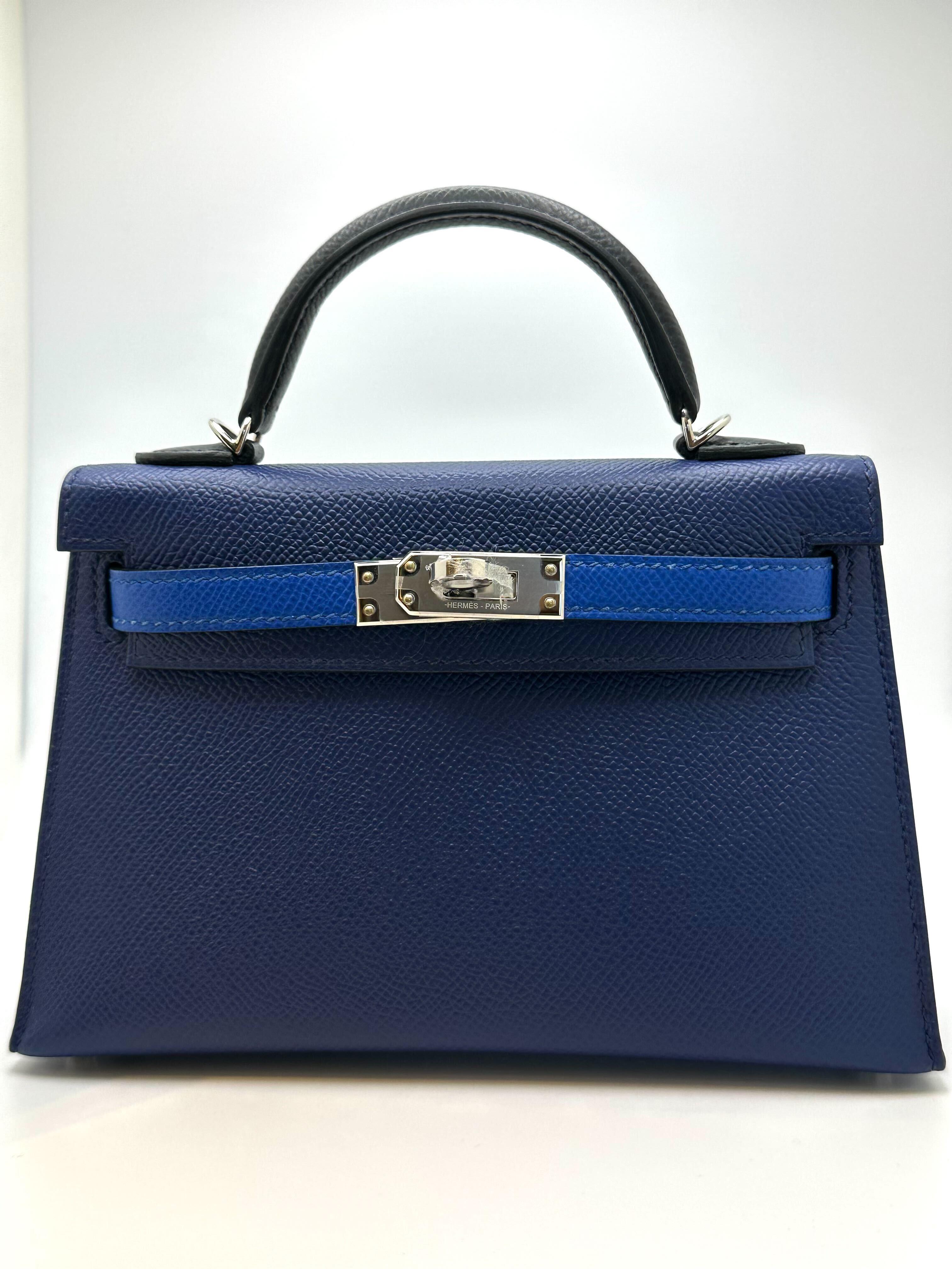 Hermes Kelly II Mini Sellier 20 Tricolore Blue Saphir/Blue France/Black, Palladium Hardware

Condition: New
Material: Epsom Leather
Measurements: 20cm x 16cm x 10cm 
Hardware: Palladium

*Comes with full original packaging.
*Full plastic on hardware.