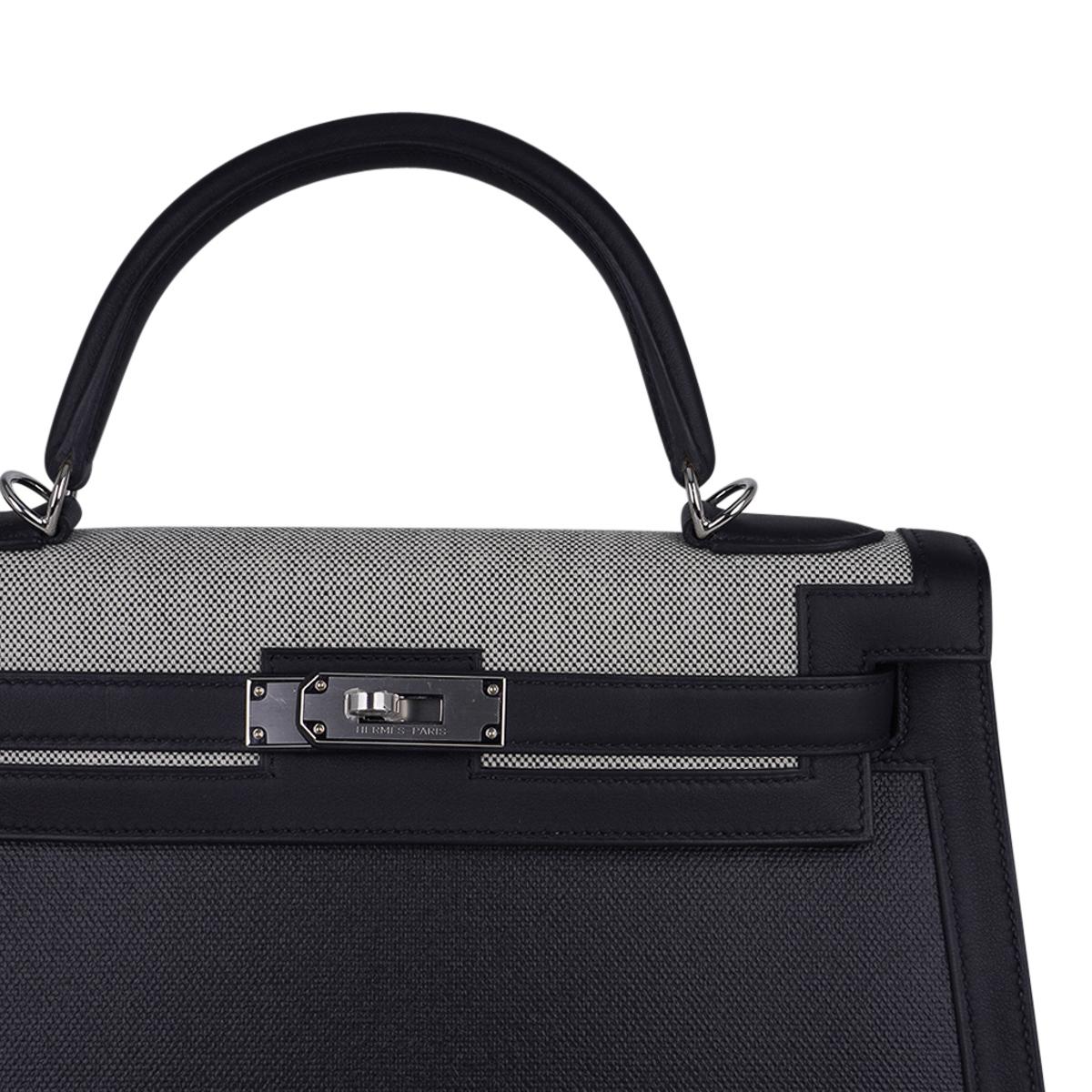 Black Hermes Kelly II Sellier 32 Toile H Berline / Toile H Plume / Swift Leather Bag For Sale