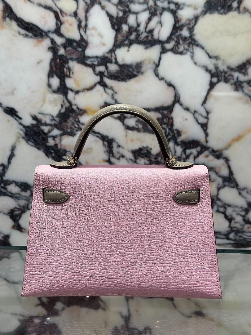 Brown Hermès Rose Sakura & Gris Tourterelle Mini Kelly Sellier Mini 20 HSS Chevre GHW For Sale