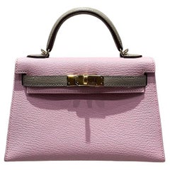 Hermès Rose Sakura & Gris Tourterelle Mini Kelly Sellier Mini 20 HSS Chevre GHW