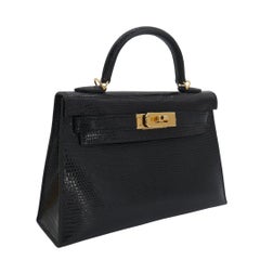 Hermès Kelly II Sellier Mini Black Shiny Lizard Gold Hardware