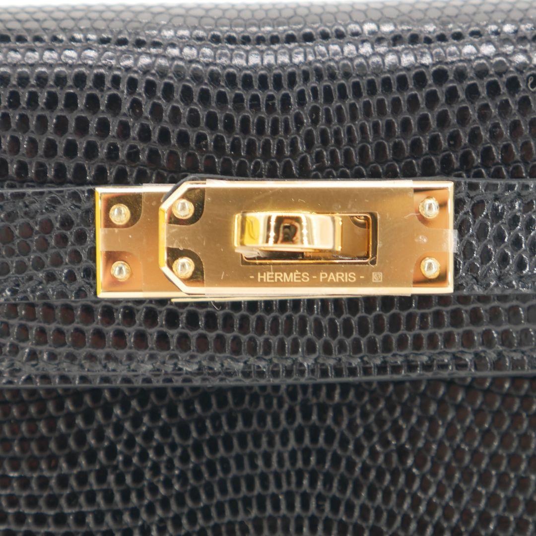 Hermès Kelly II Sellier Mini Black Shiny Lizard Gold Hardware For Sale 1