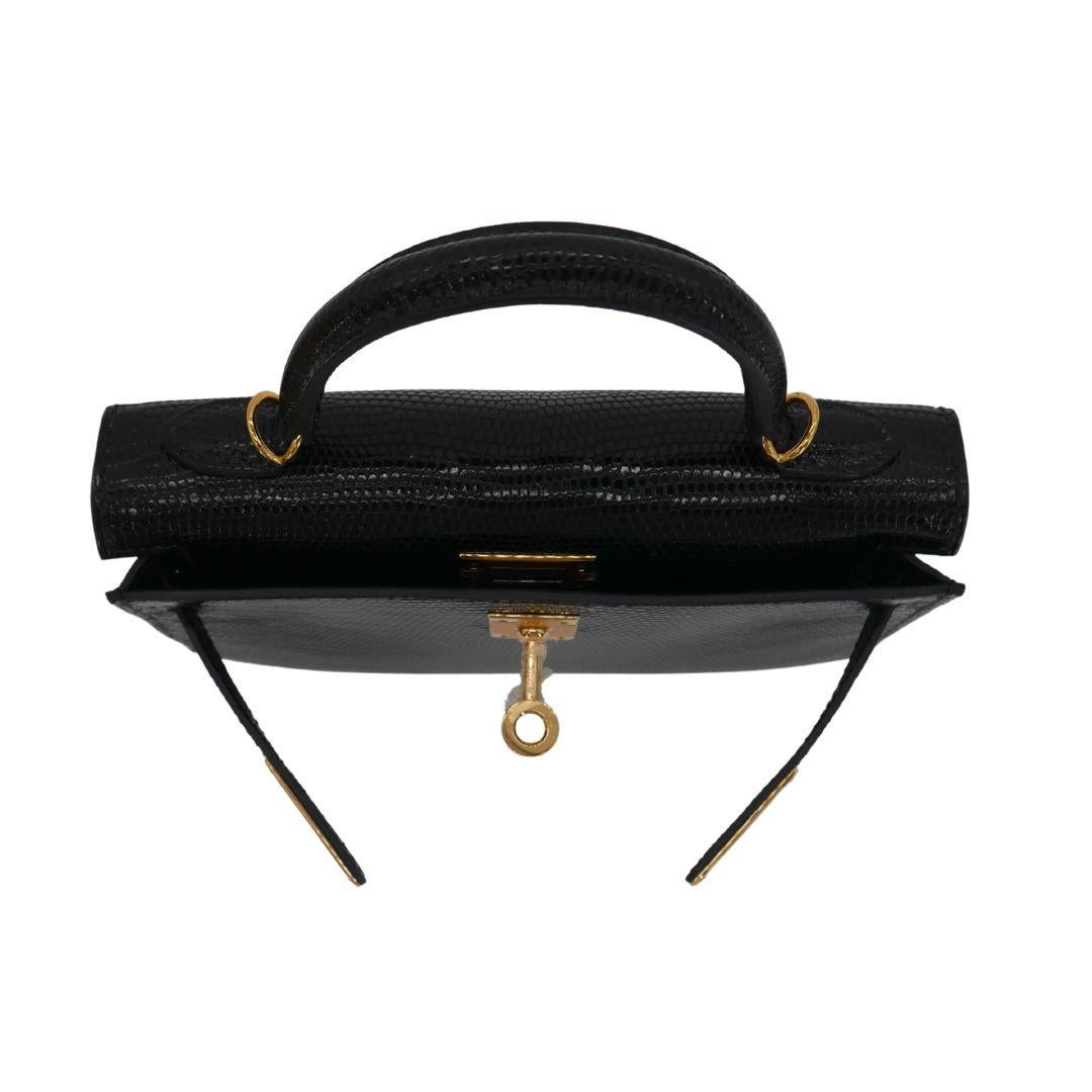 Hermès Kelly II Sellier Mini Schwarz Glänzend Eidechse Gold Hardware 3