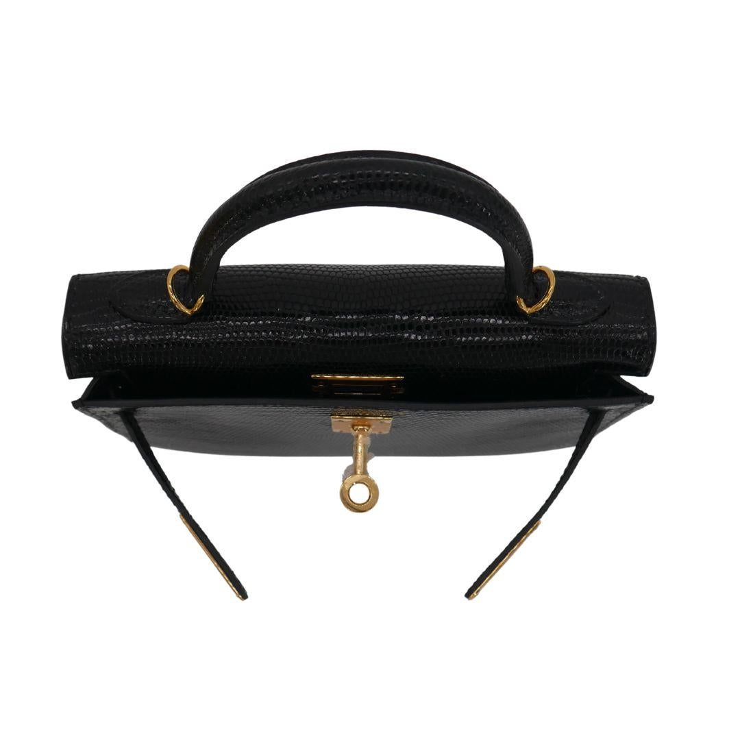 Hermès Kelly II Sellier Mini Black Shiny Lizard Gold Hardware For Sale 3