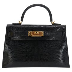 Hermès Kelly II Sellier Mini Lézard Noir Brillant Quincaillerie Or