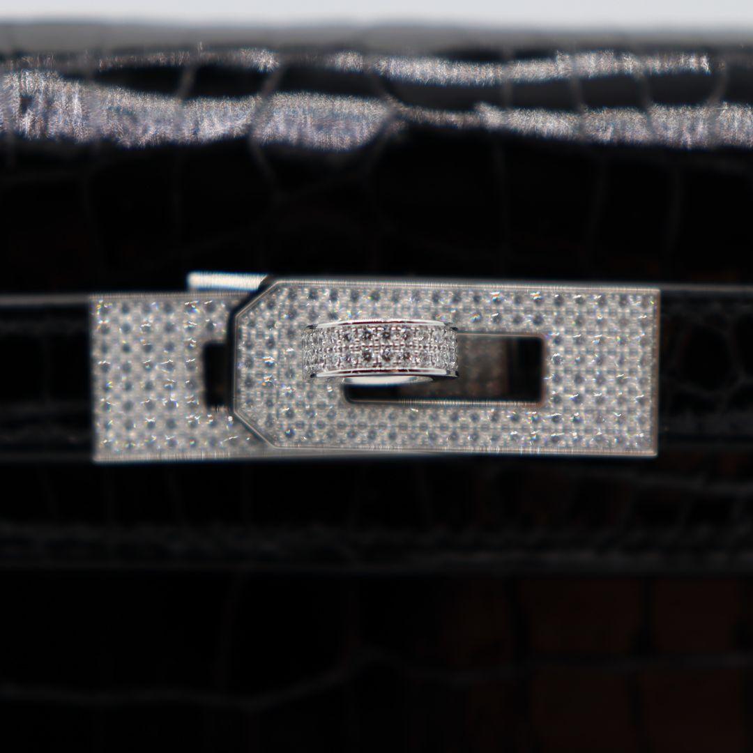 Hermès Kelly II Sellier Mini Black Shiny Porosus Crocodile Diamond Hardware For Sale 1