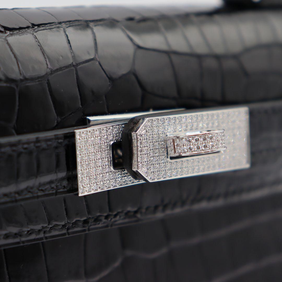 Hermès Kelly II Sellier Mini Black Shiny Porosus Crocodile Diamond Hardware For Sale 2