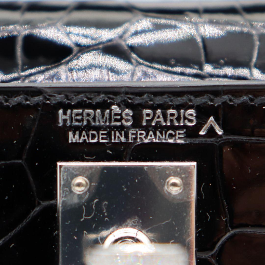 Hermès Kelly II Sellier Mini Black Shiny Porosus Crocodile Diamond Hardware For Sale 5