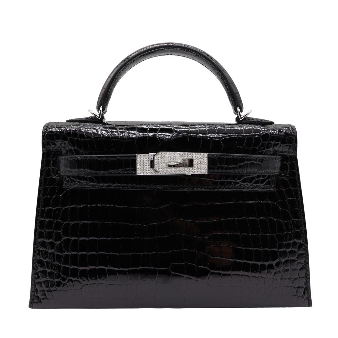 Hermès Kelly II Sellier Mini Black Shiny Porosus Crocodile Diamond Hardware For Sale