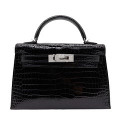 Hermès Kelly II Sellier Mini Black Shiny Porosus Crocodile Diamond Hardware