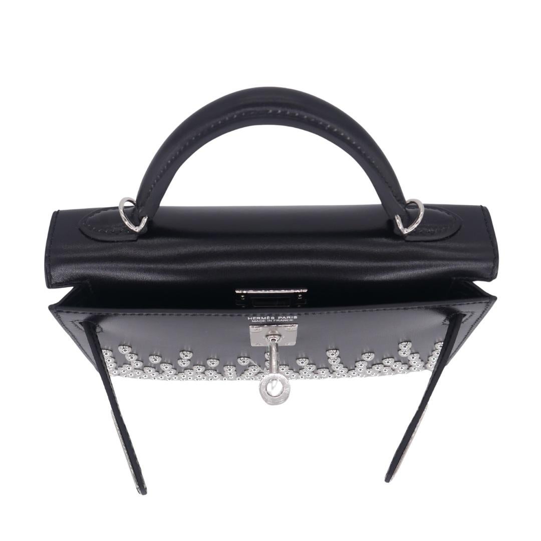 Hermès Kelly II Sellier Mini Cloute Black Box Vitello Borchiato Hardware Palladium in vendita 2