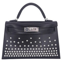 Hermès Kelly II Sellier Mini Cloute Black Box Calf Studded Palladium Hardware