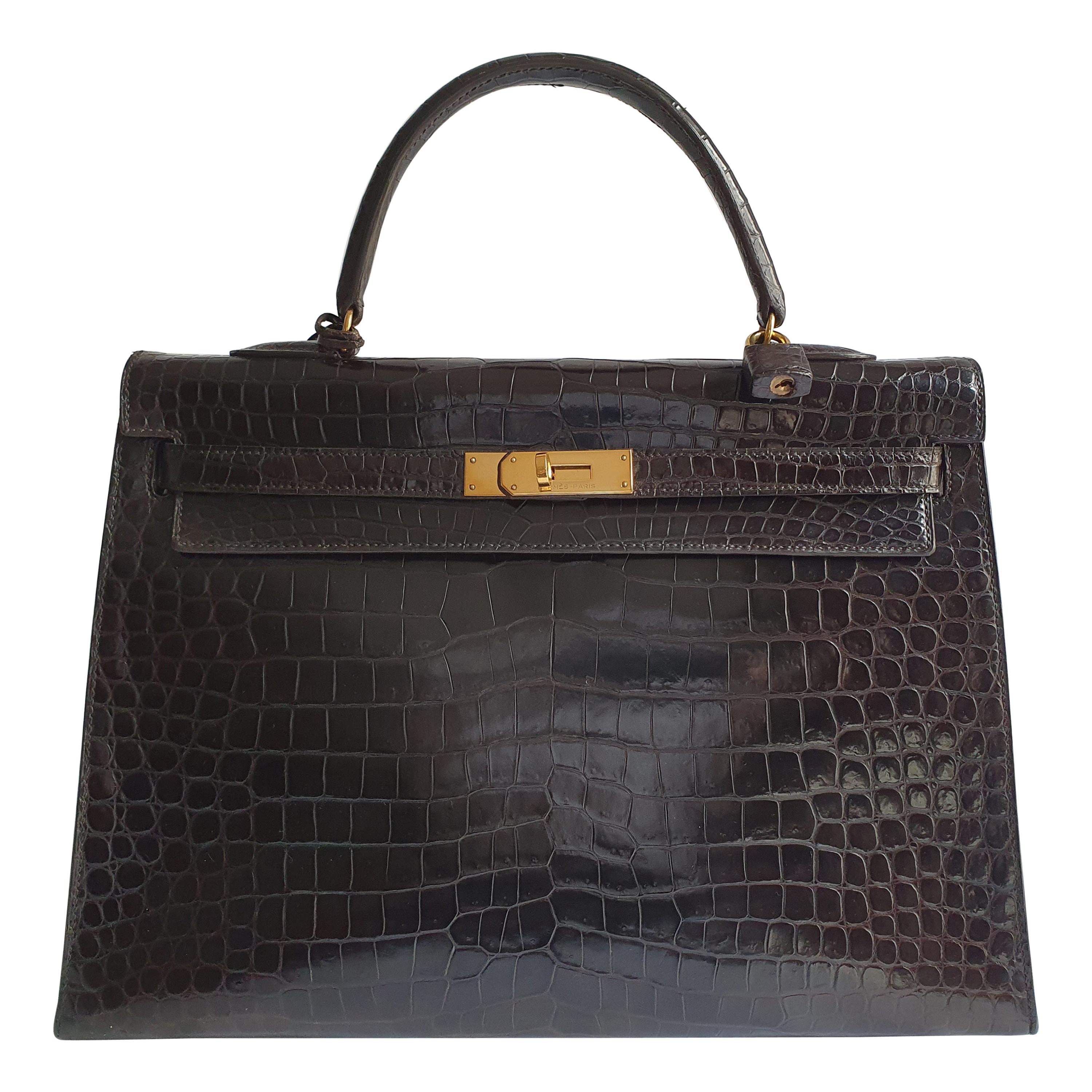 Hermès, Kelly in brown Porosus Crocodile