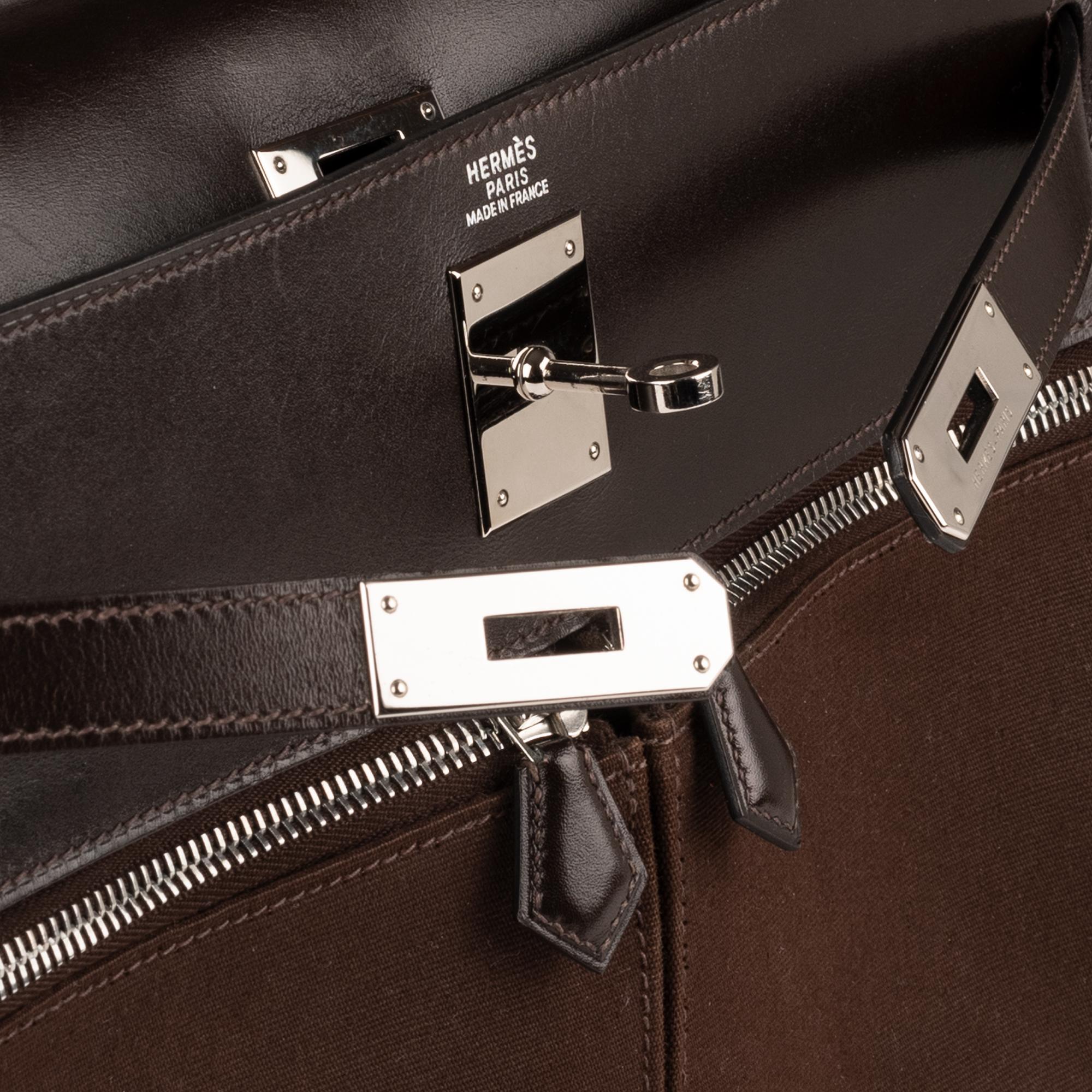 Noir Hermes Kelly Lakis 32cm Bi-Material Brown Bag