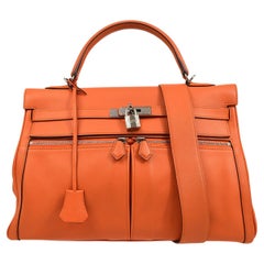 HERMES Kelly Lakis 35 Orange Swift Leather Palladium Handle Satchel Shoulder Bag