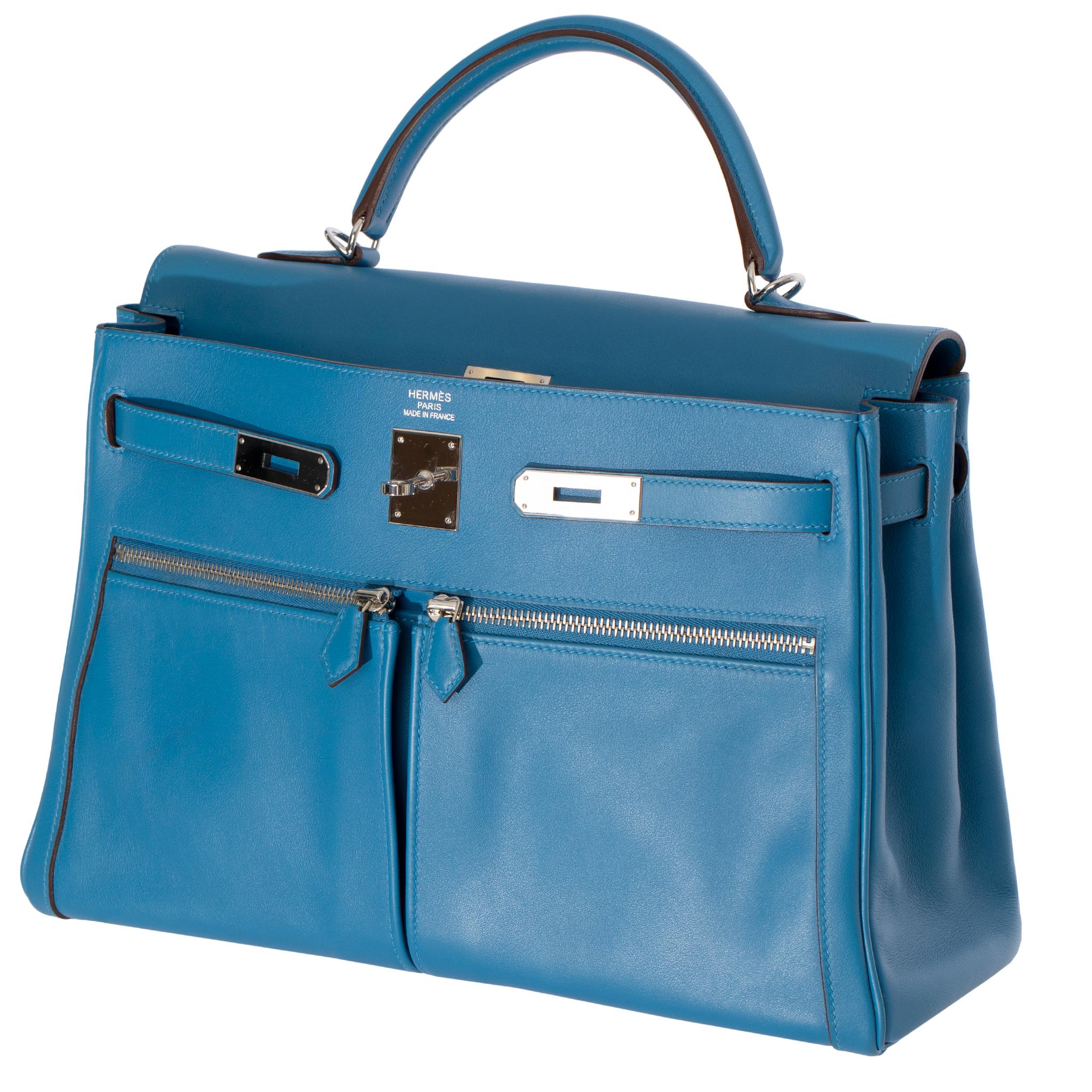 Hermes Kelly Lakis 35cm Blue Hydra Swift Leather Palladium Hardware For Sale 6