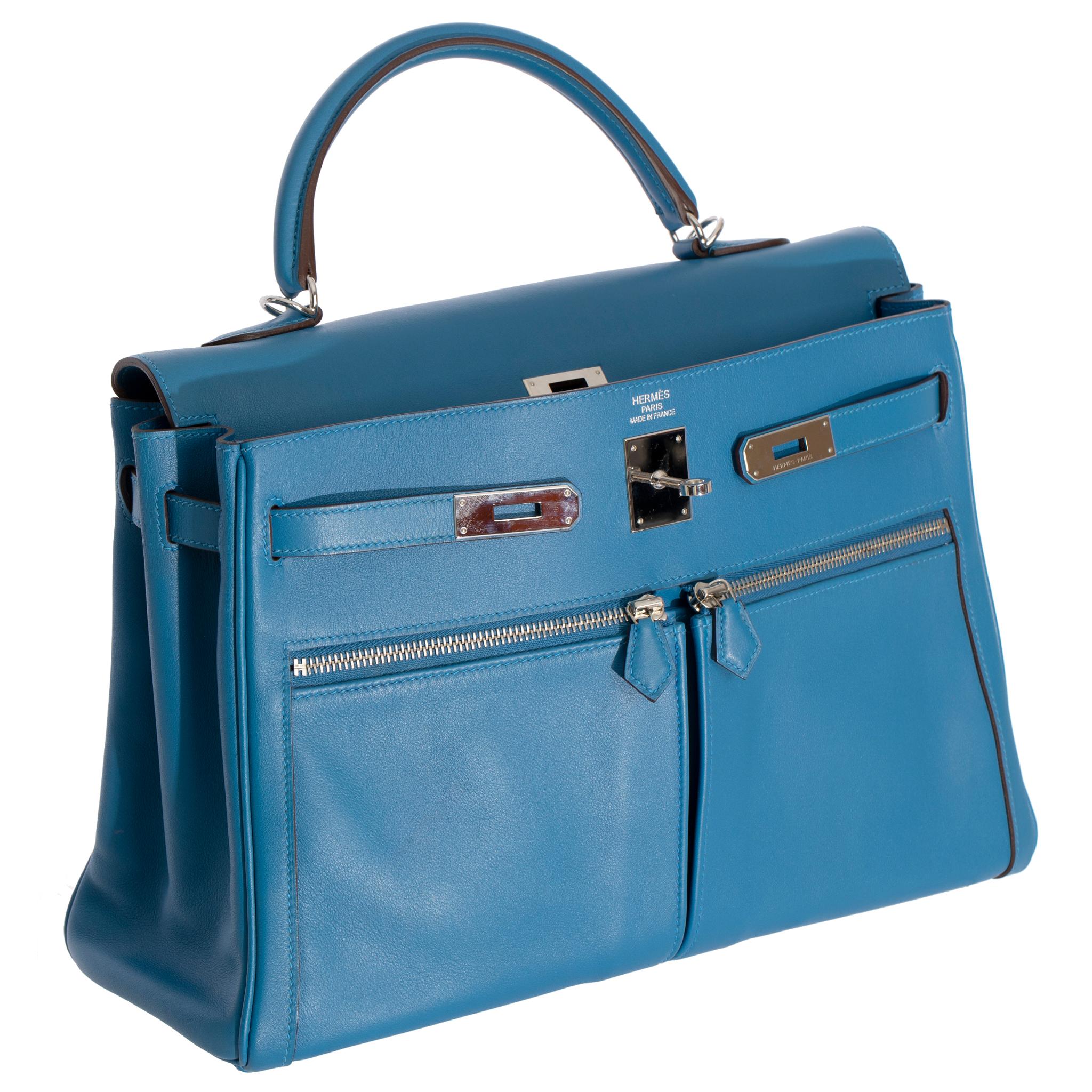 Hermes Kelly Lakis 35cm Blue Hydra Swift Leather Palladium Hardware For Sale 7