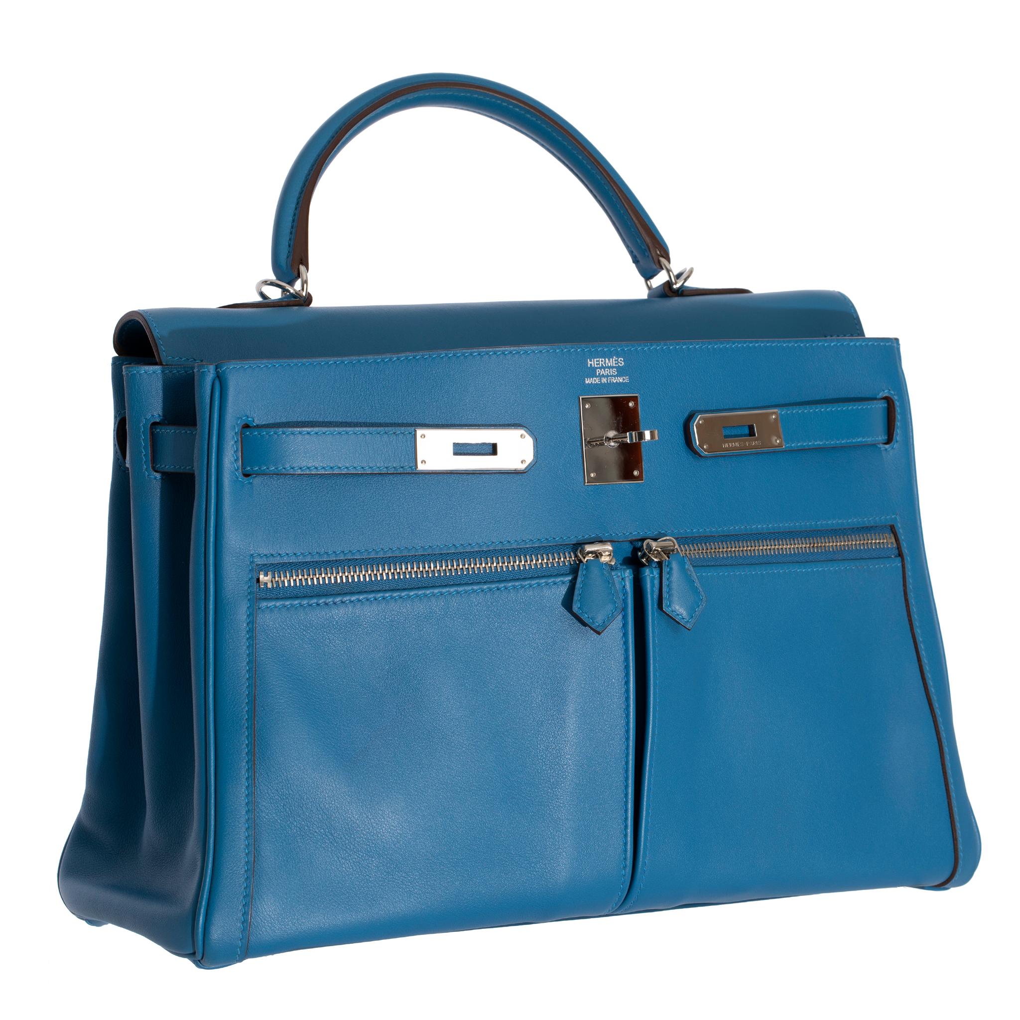 Hermes Kelly Lakis 35cm Blue Hydra Swift Leather Palladium Hardware For Sale 8