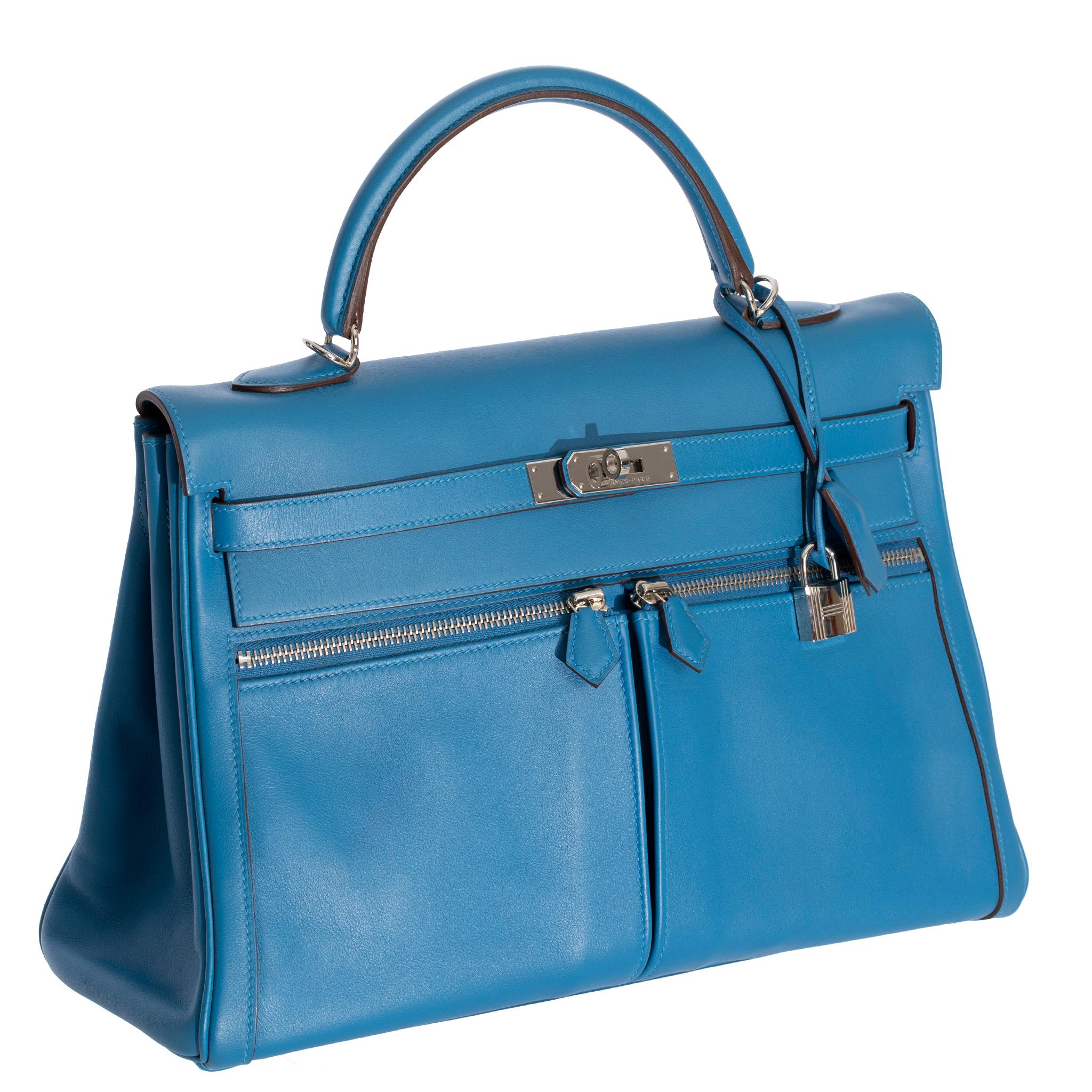 Hermes Kelly Lakis 35cm Blue Hydra Swift Leather Palladium Hardware For Sale 9