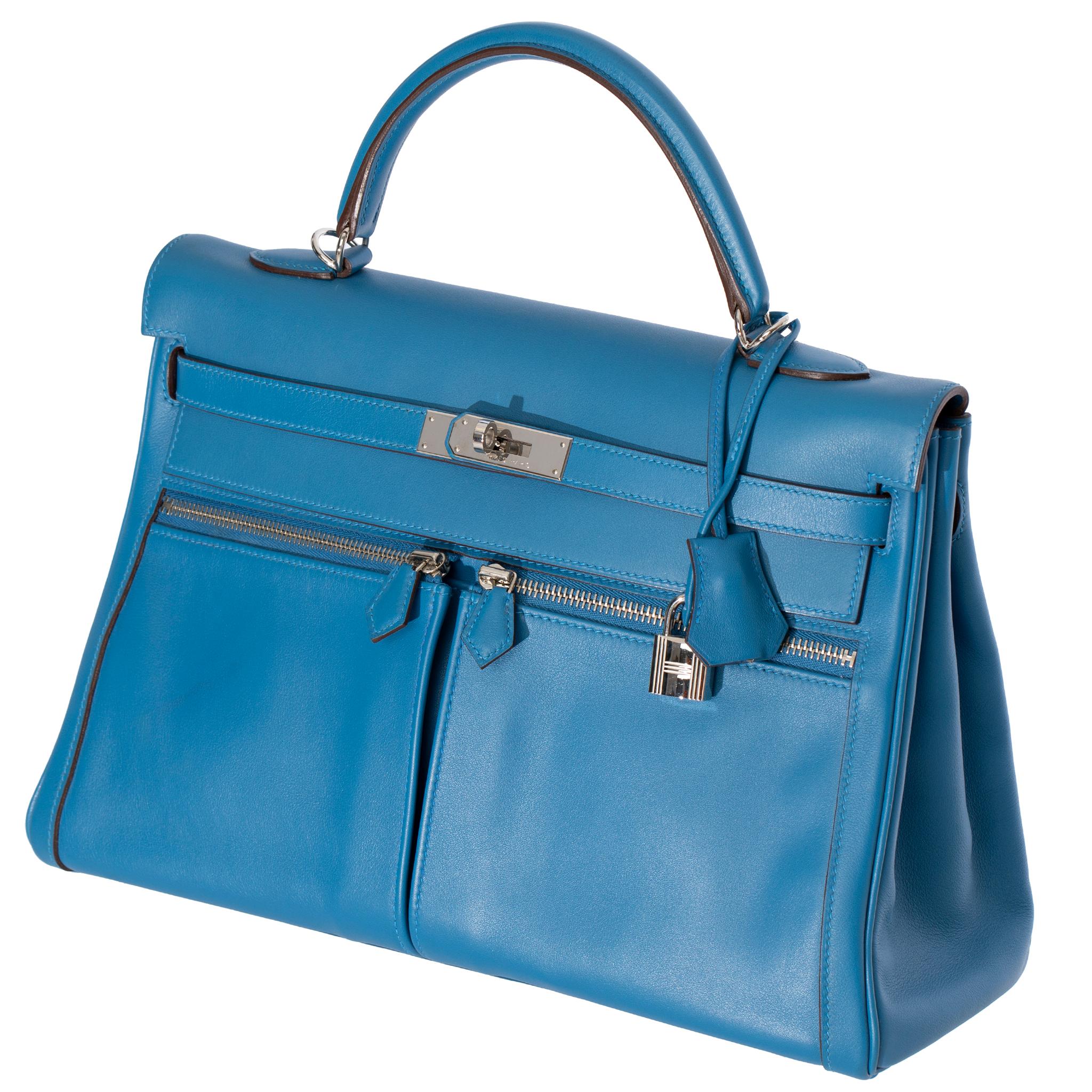Hermes Kelly Lakis 35cm Blue Hydra Swift Leather Palladium Hardware For Sale 10