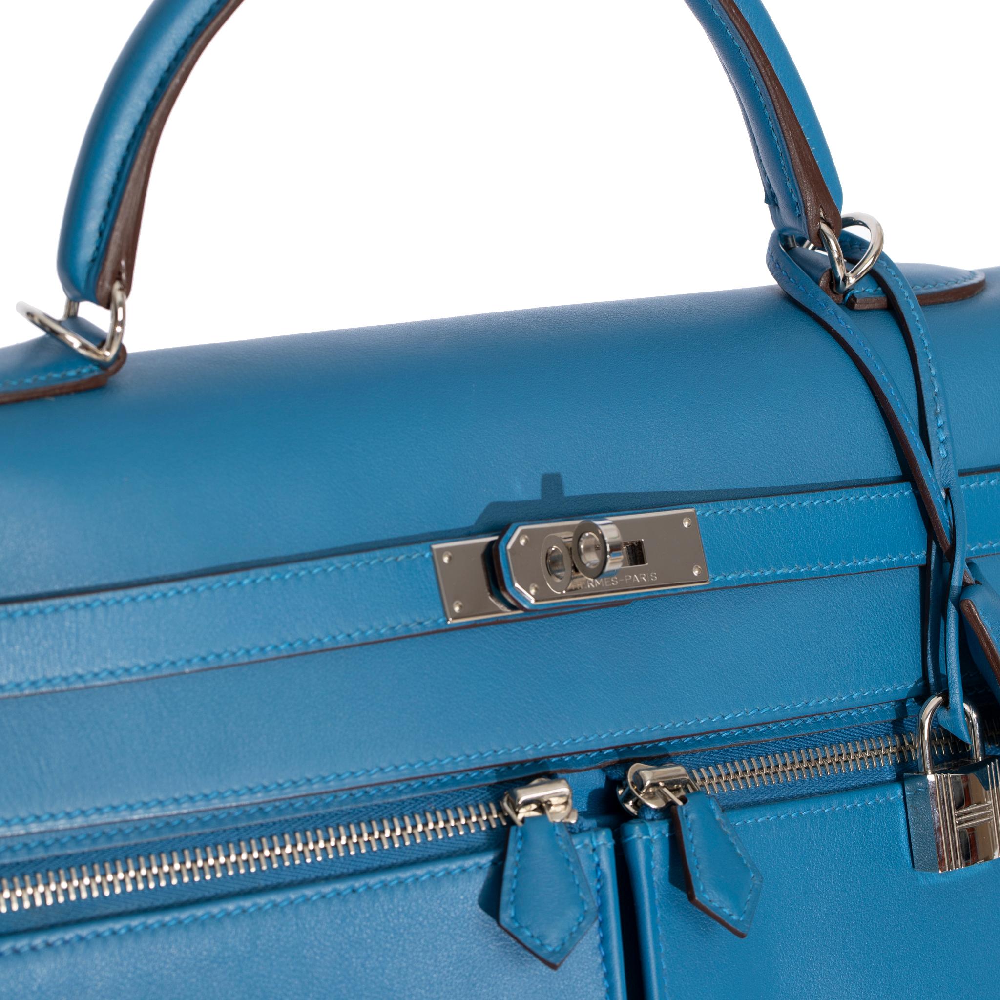 Hermes Kelly Lakis 35cm Blue Hydra Swift Leather Palladium Hardware For Sale 11