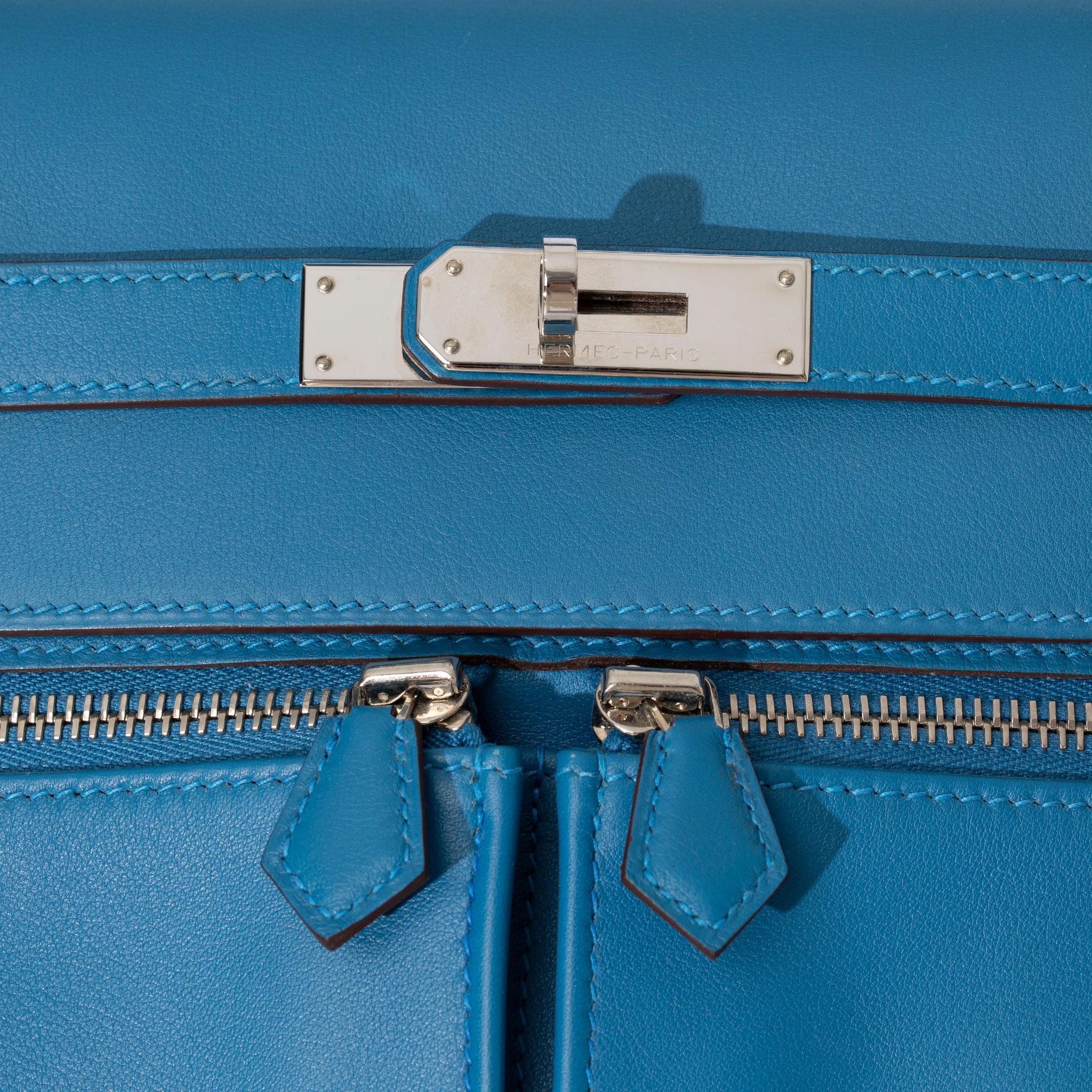 Hermes Kelly Lakis 35cm Blue Hydra Swift Leather Palladium Hardware For Sale 12