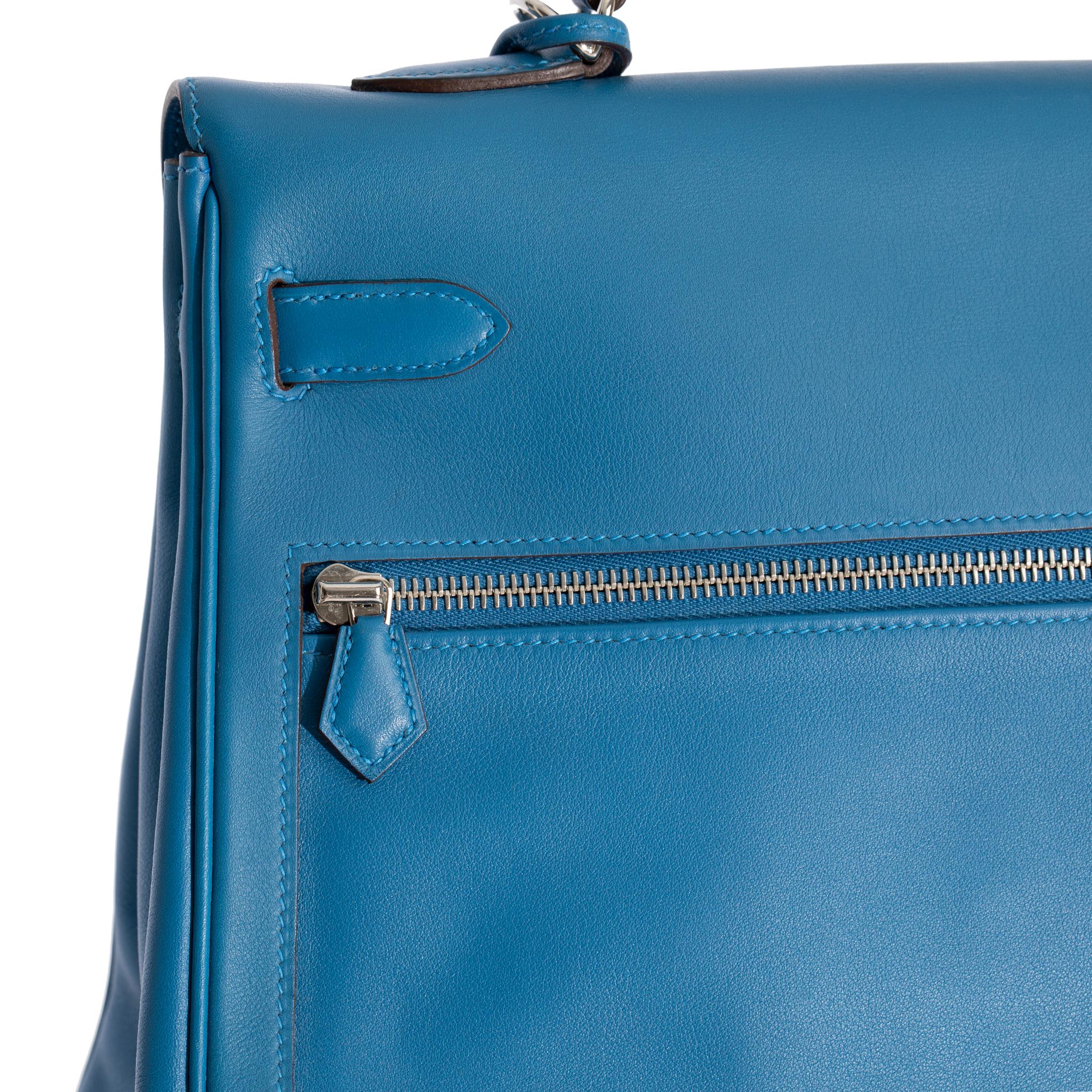 Hermes Kelly Lakis 35cm Blue Hydra Swift Leather Palladium Hardware For Sale 13