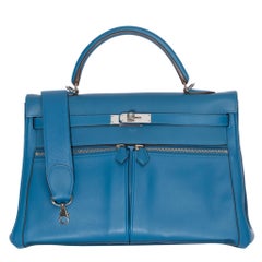 Hermes Kelly Lakis 35cm Blau Hydra Swift Leder Palladium Hardware