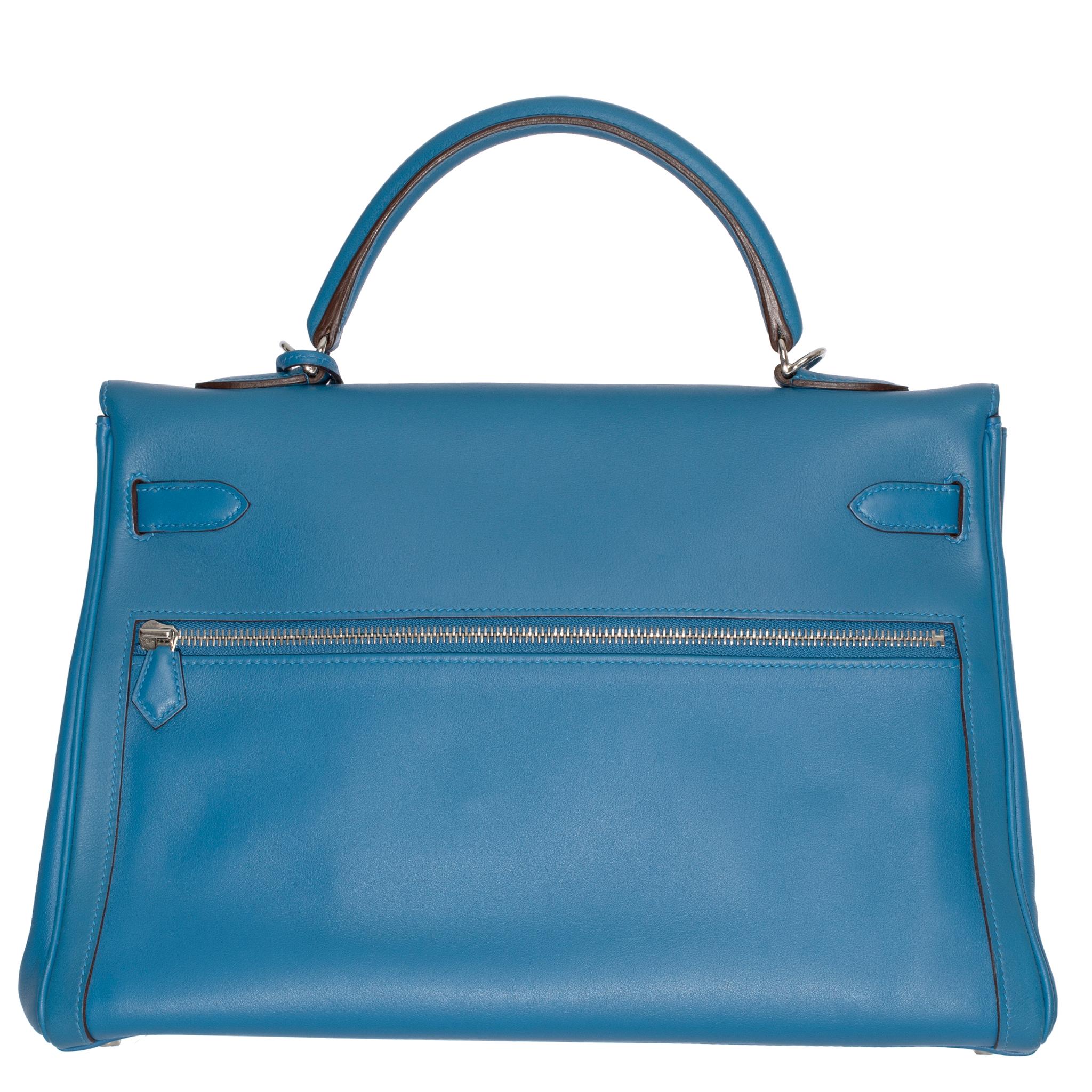 Hermes Kelly Lakis 35cm Blue Hydra Swift Leather Palladium Hardware In Excellent Condition For Sale In Sydney, New South Wales