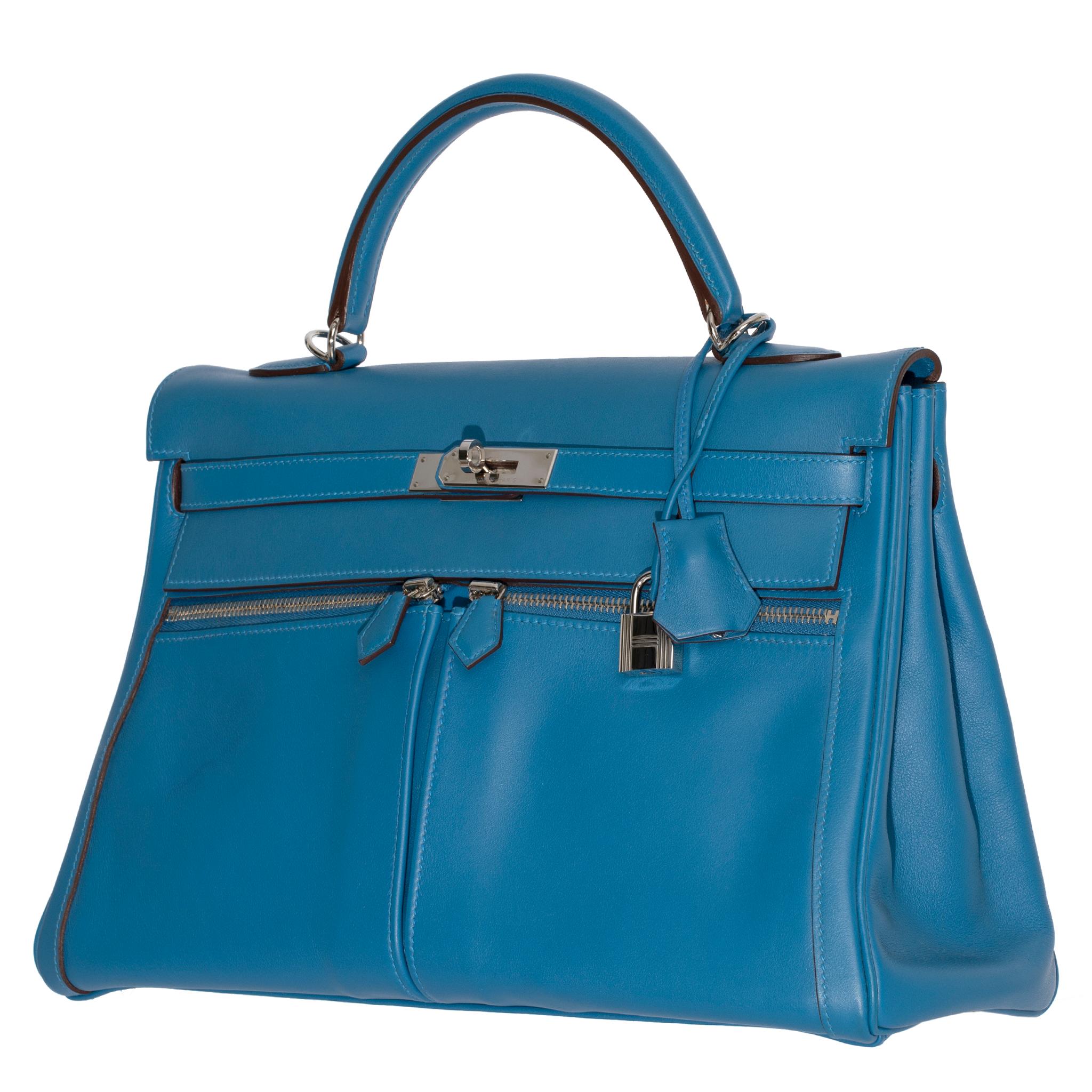 Women's or Men's Hermes Kelly Lakis 35cm Blue Hydra Swift Leather Palladium Hardware For Sale