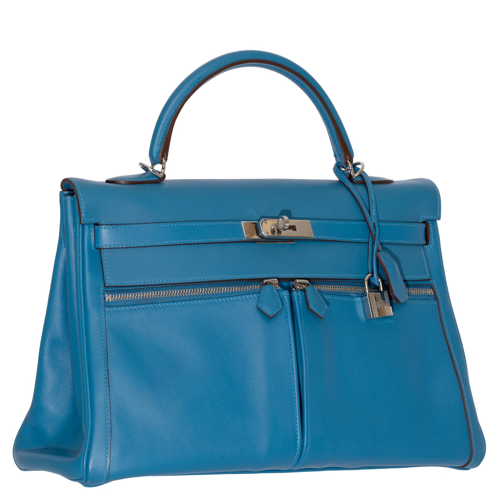 Hermes Kelly Lakis 35cm Blue Hydra Swift Leather Palladium Hardware For Sale 1