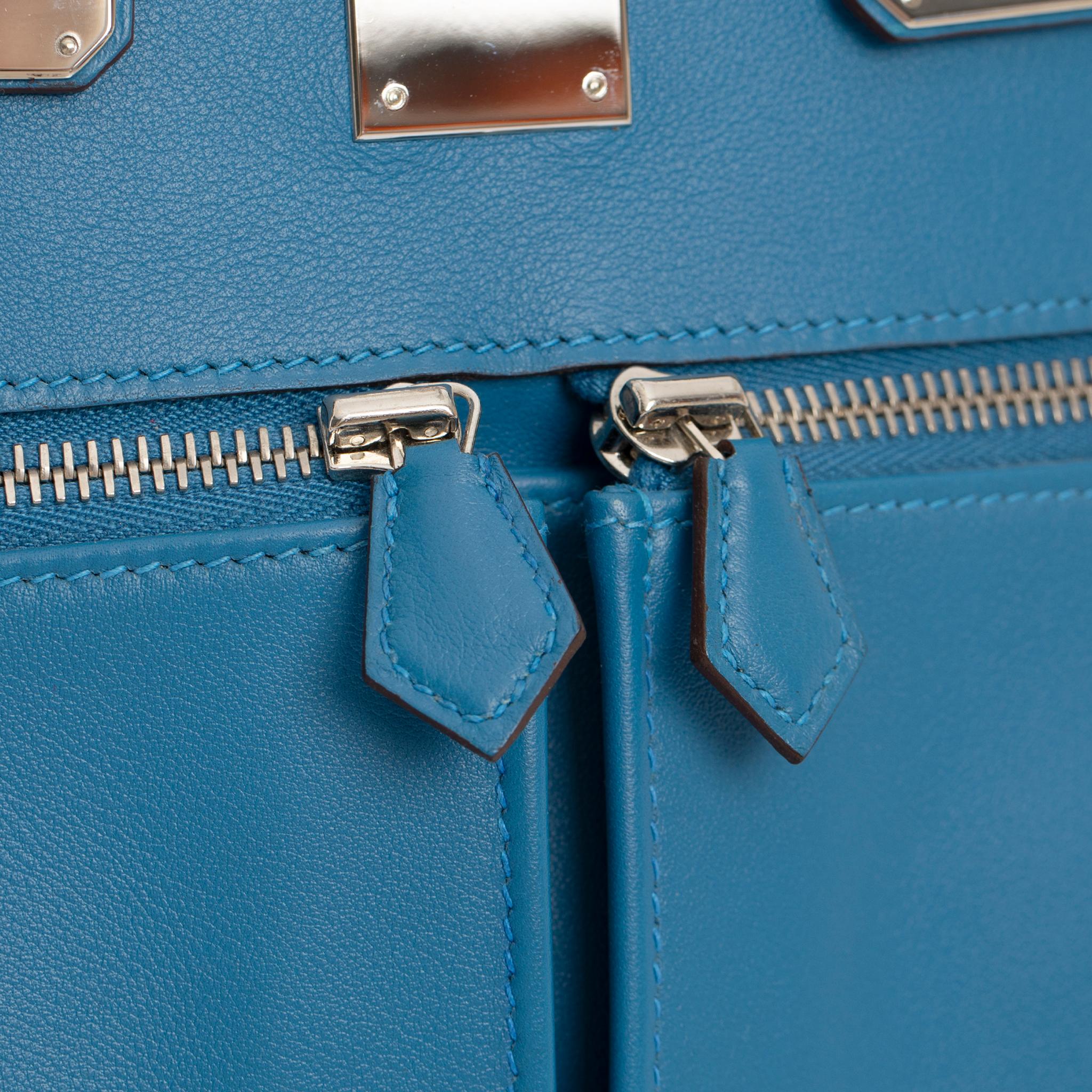 Hermes Kelly Lakis 35cm Blue Hydra Swift Leather Palladium Hardware For Sale 2
