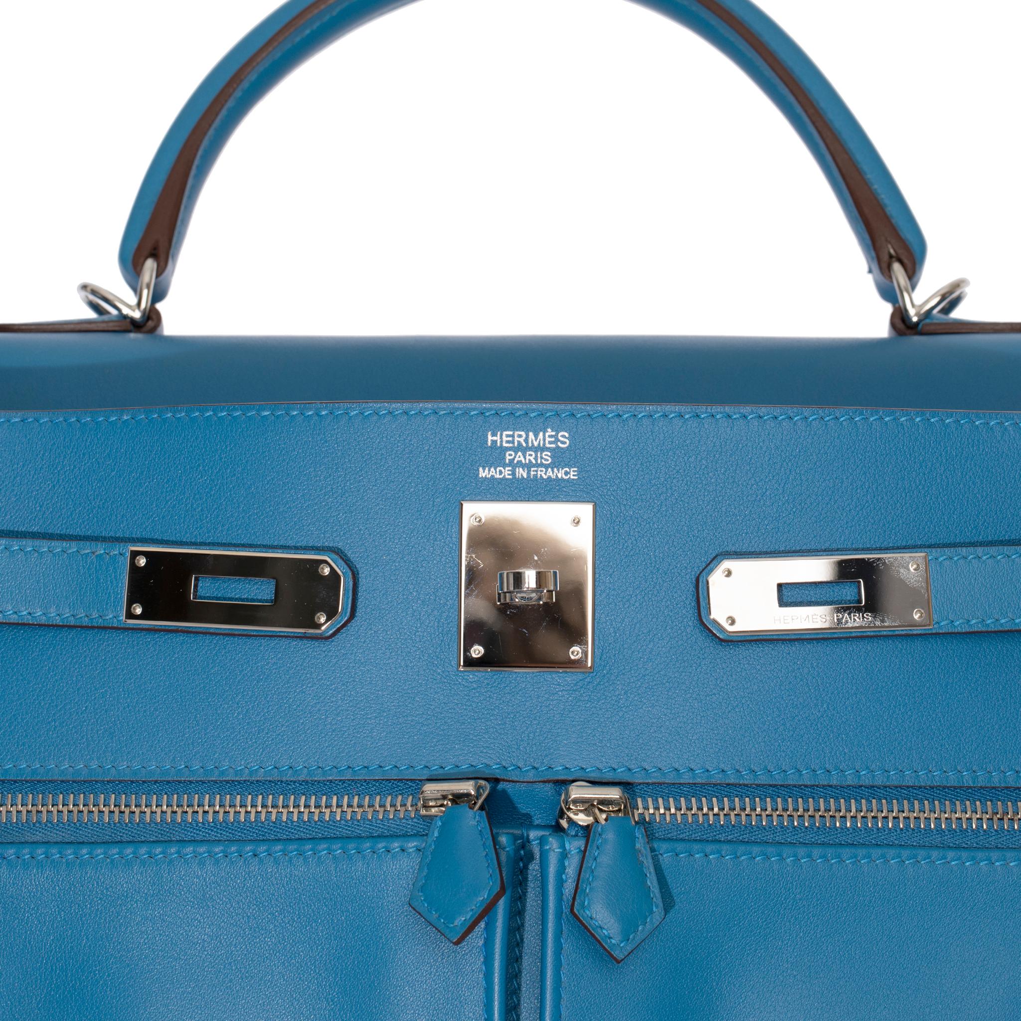 Hermes Kelly Lakis 35cm Blue Hydra Swift Leather Palladium Hardware For Sale 3