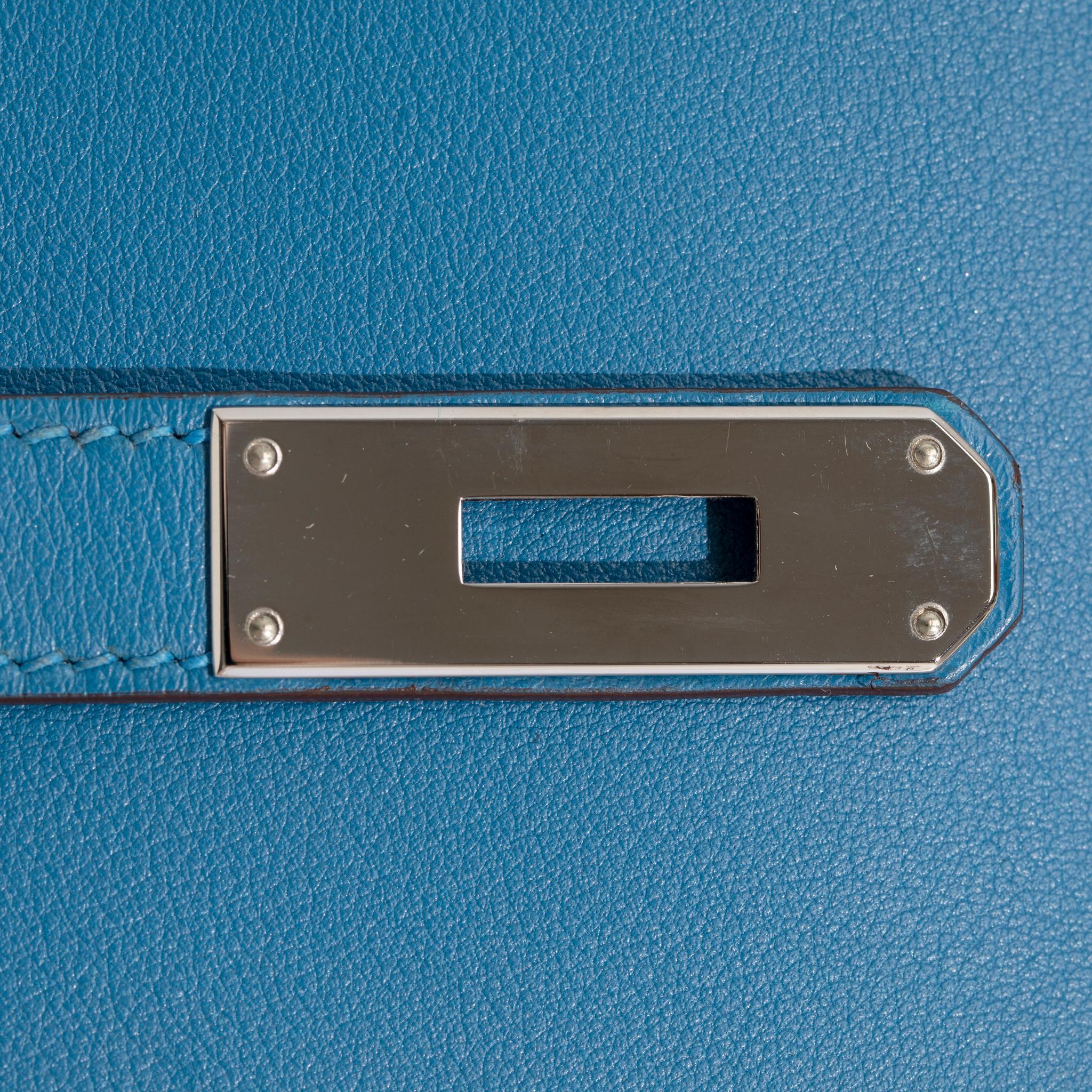 Hermes Kelly Lakis 35cm Blue Hydra Swift Leather Palladium Hardware For Sale 4