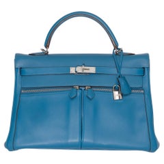 Hermes Kelly Lakis 35cm Blue Hydra Swift Leather Palladium Hardware