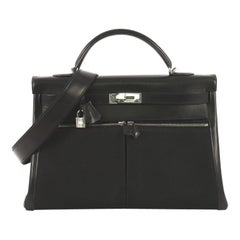 Sac à main Hermès Kelly Lakis en cuir de veau noir et toile avec finitions métalliques en palladium 40