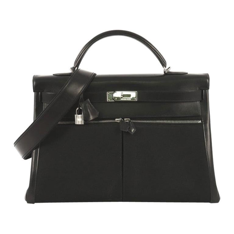 Hermes Kelly Lakis Handbag Toile and Noir Box Calf with Palladium Hardware 40