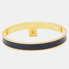 Hermès Kelly Lock Cadena Blue Leather Gold Tone Metal Bangle Bracelet